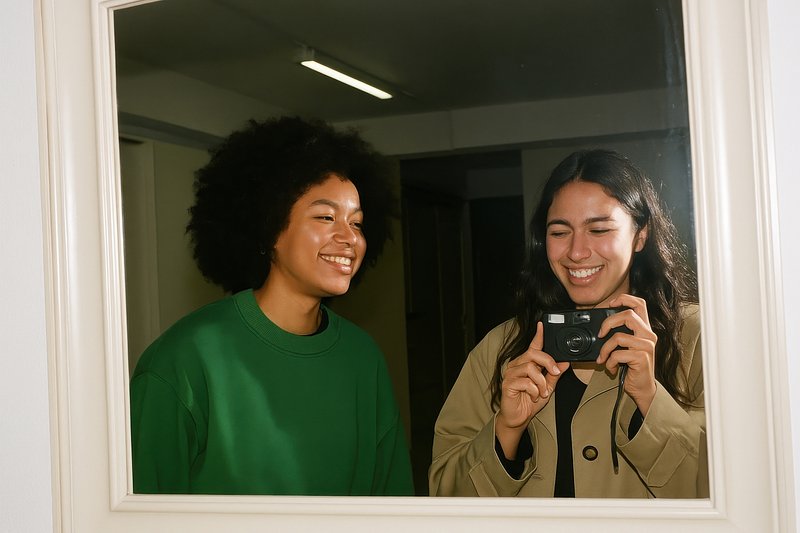 Friends mirror selfie smiling joyfully.