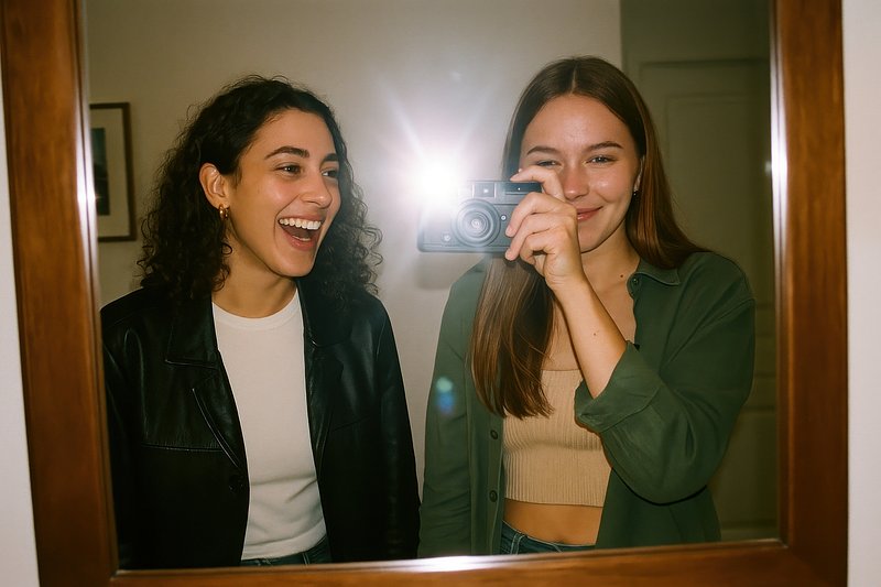 Friends capturing joyful mirror moment.