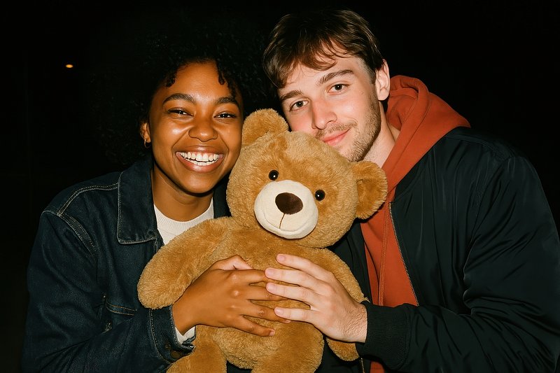 Happy friends with teddy bear
