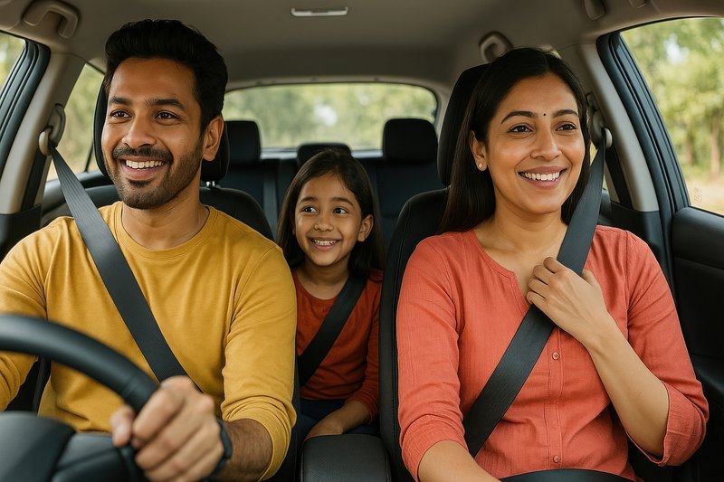 Happy family car journey together.