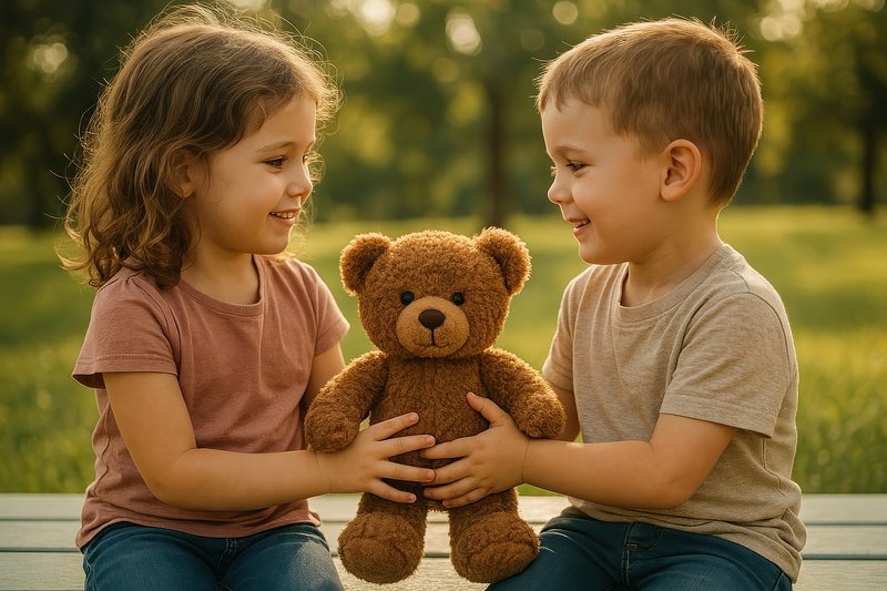 Children sharing teddy outdoors.