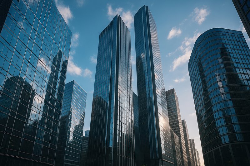 Modern skyscrapers reflecting sunlight.