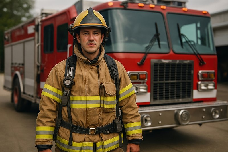 Brave firefighter near firetruck.