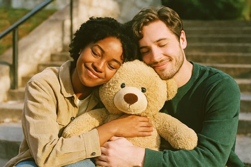 Couple hugging teddy bear outdoors.