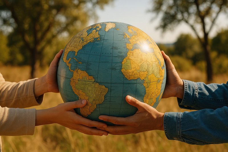 Hands holding globe outdoors.