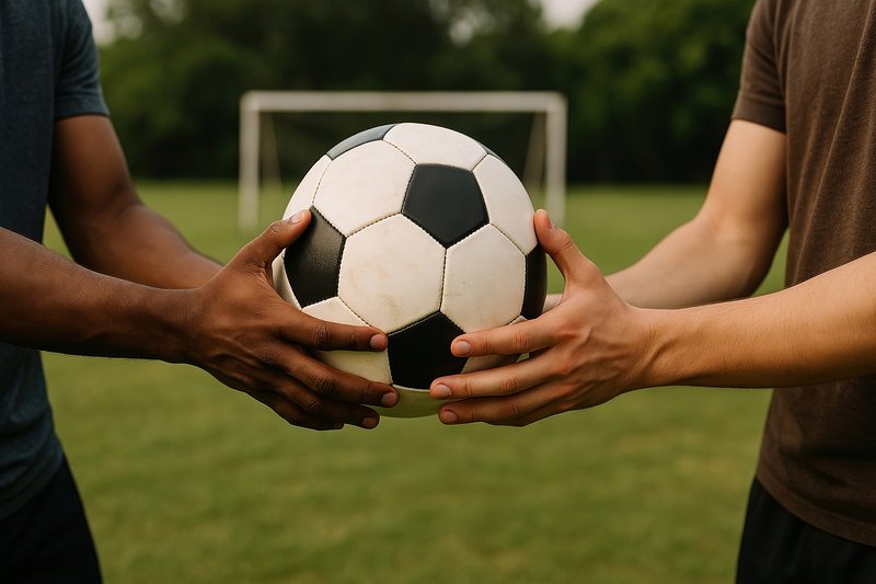 Hands holding soccer ball together.