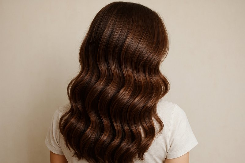 Glossy brown wavy hair elegance.