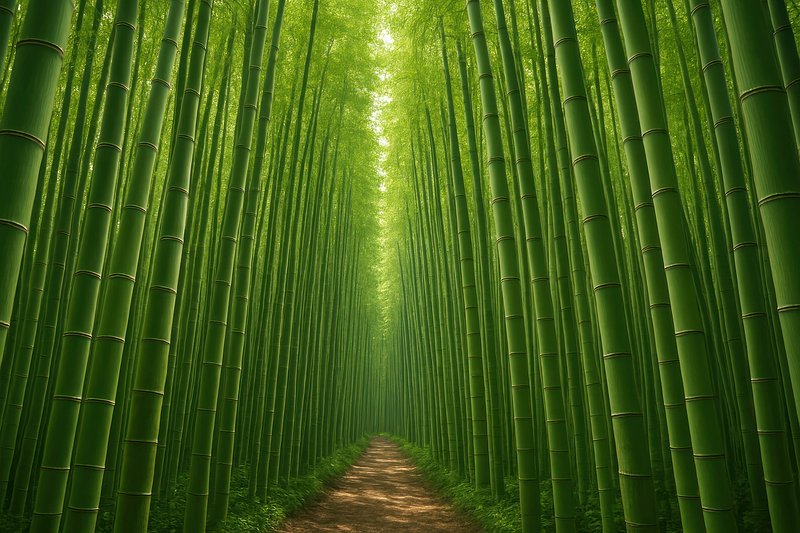 Serene bamboo forest path view.
