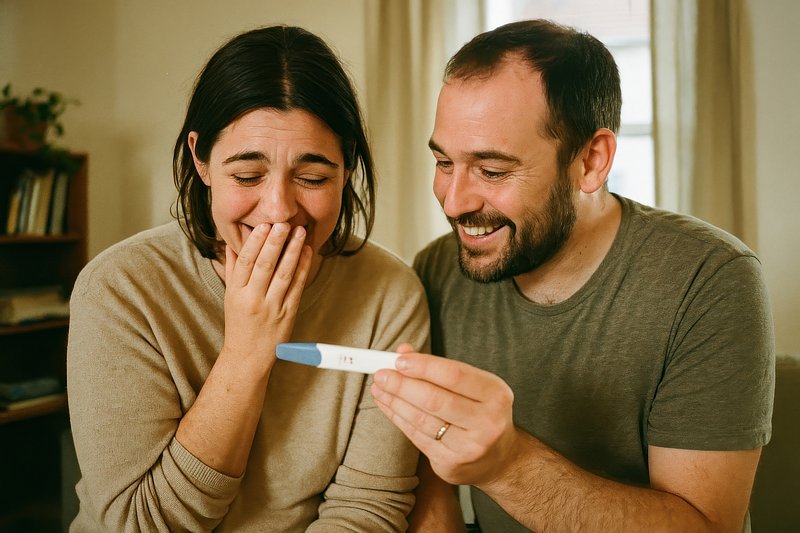Joyful couple pregnancy test
