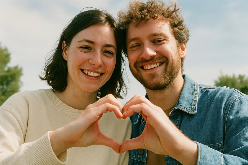 Happy couple forming heart