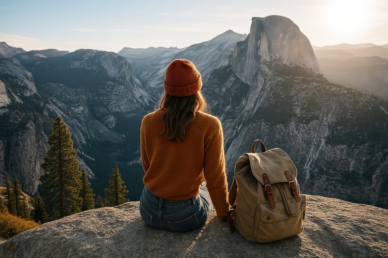 Woman admiring breathtaking mountain view.