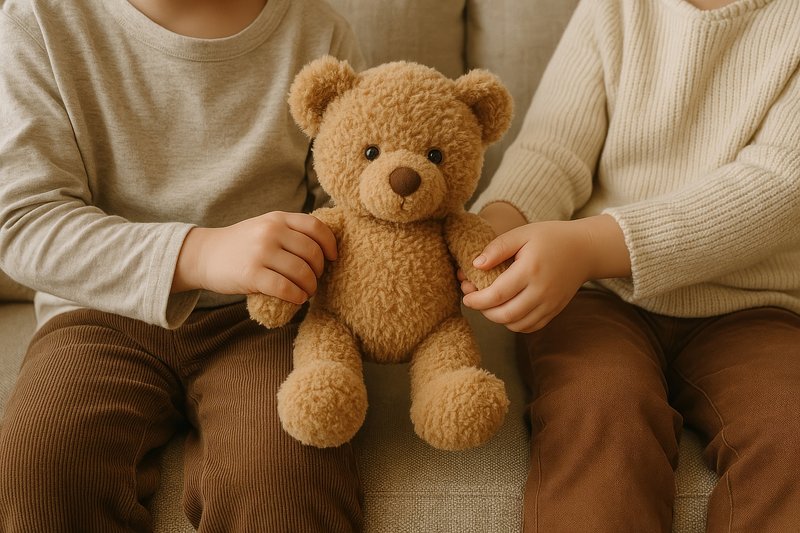 Children holding cute teddy bear.