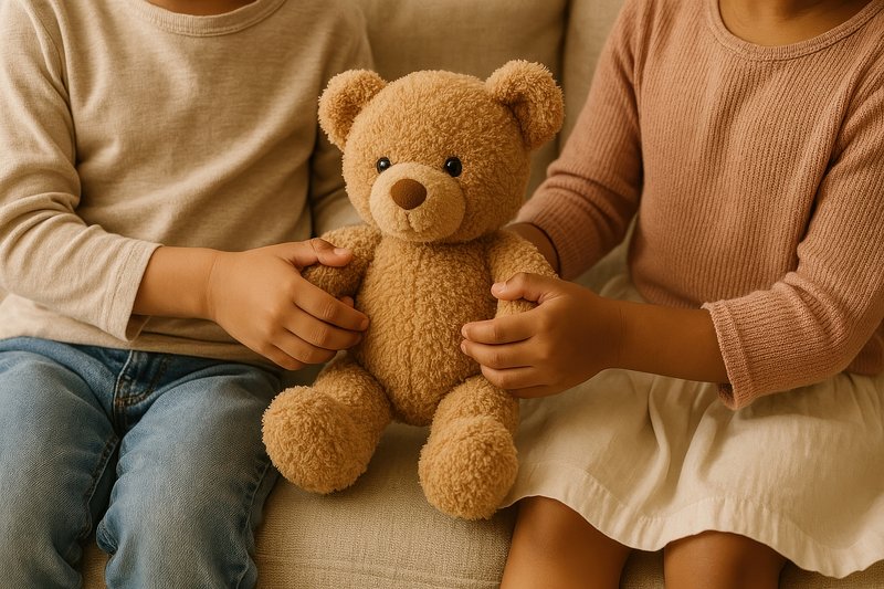 Children holding teddy bear together.