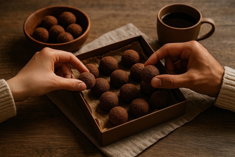 Hands offering delicious chocolate truffles.