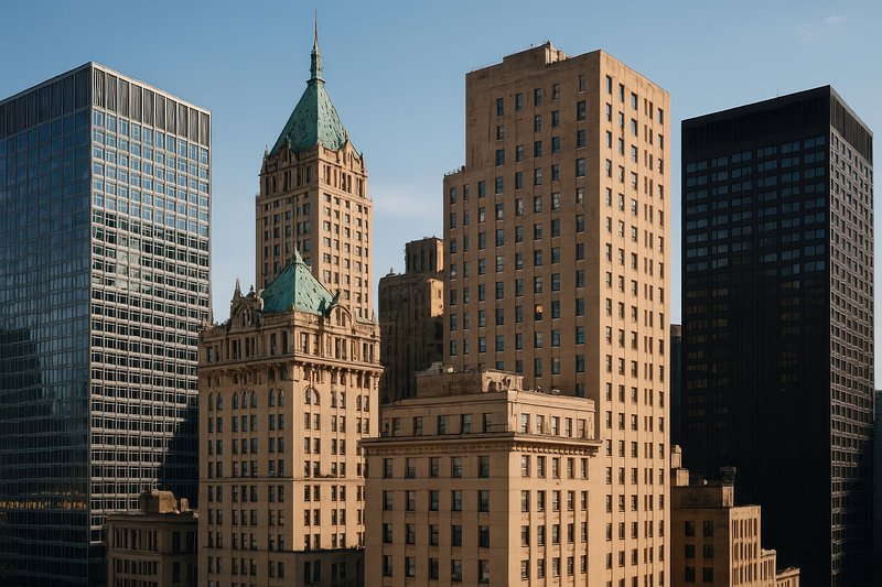 Historic skyscrapers in urban skyline.