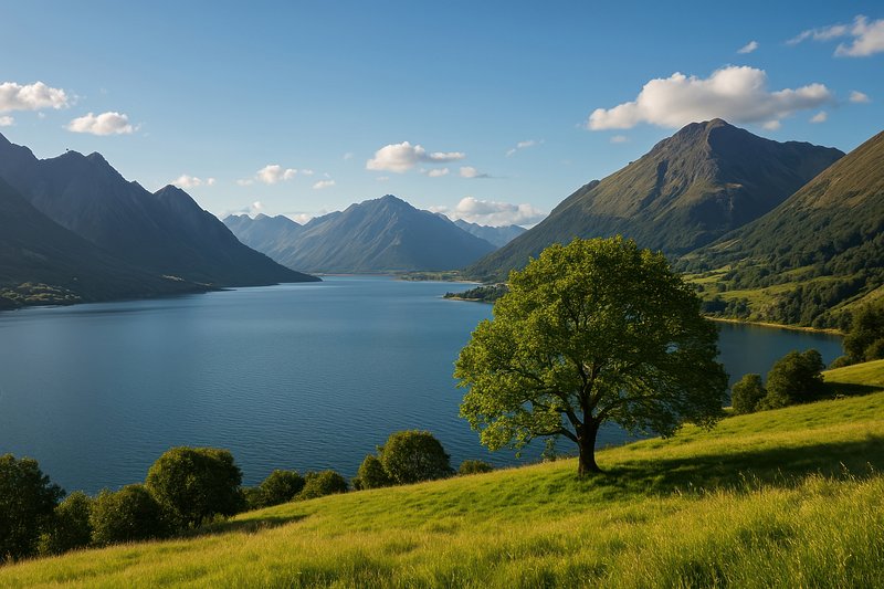 Serene lake with lush mountains.