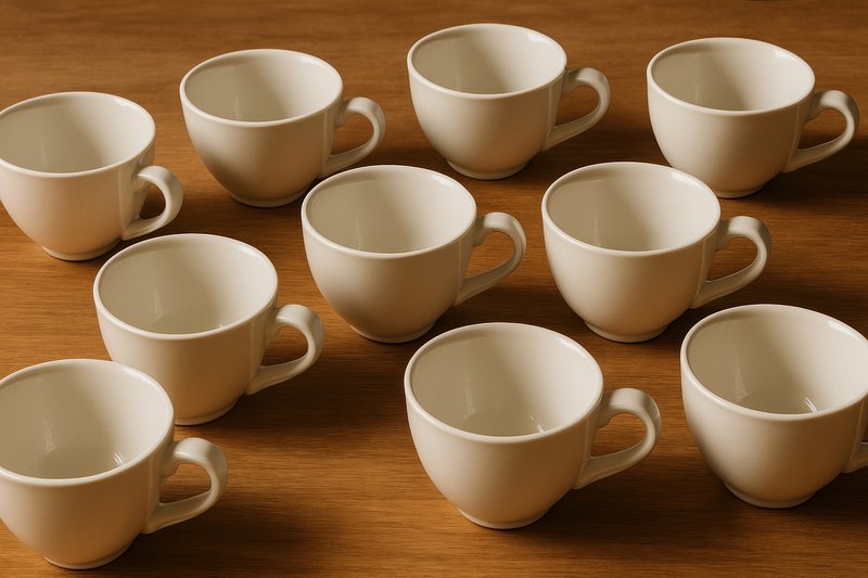Ten white ceramic cups arranged.
