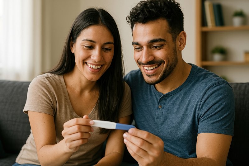 Couple joyfully expecting pregnancy news.