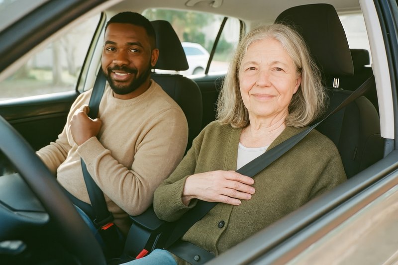 Diverse friends driving together happily.