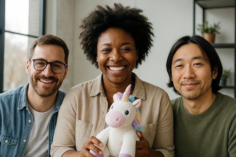 Diverse friends with unicorn toy.