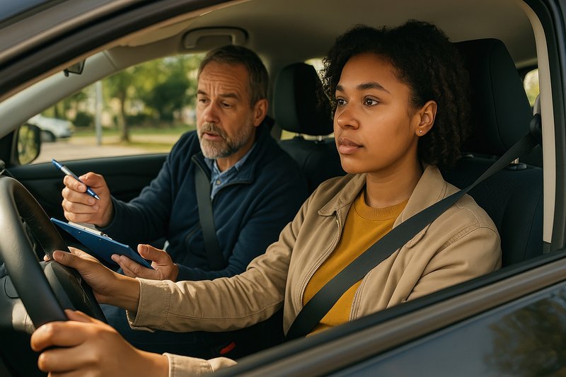 Driving lesson with instructor guidance.