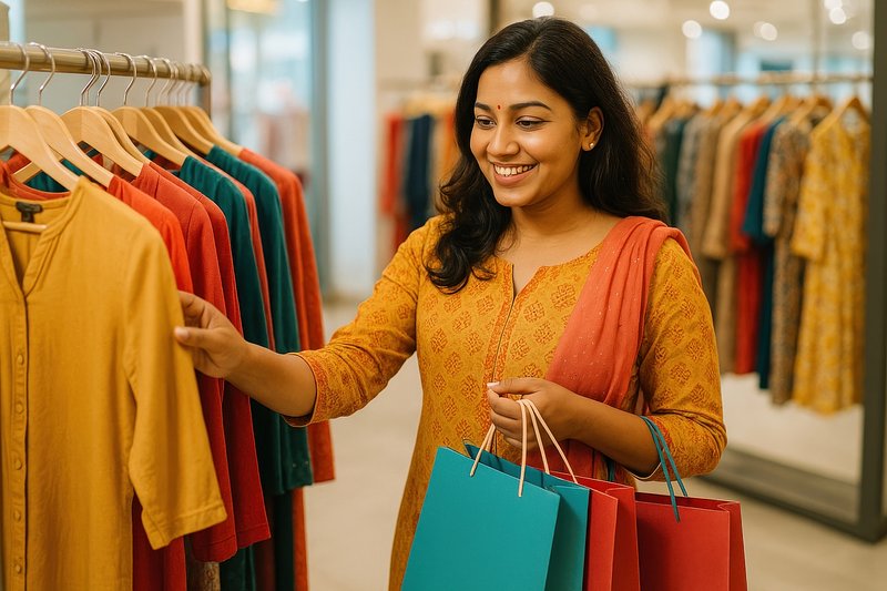 Woman shopping colorful clothing store