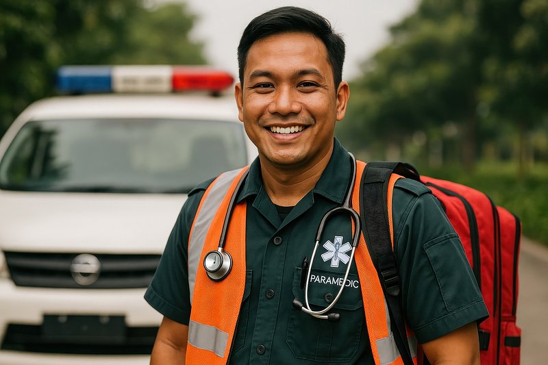 Smiling paramedic outdoor scene.