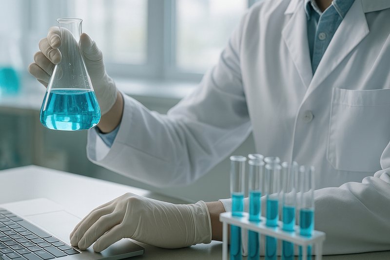 Scientist analyzing blue liquid.