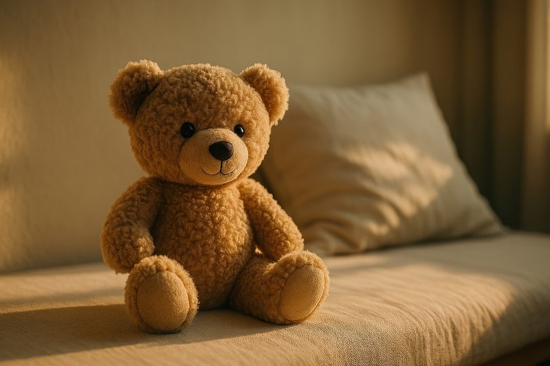 Cozy teddy bear on bed