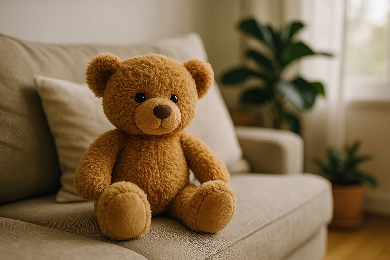 Cozy teddy bear on sofa.