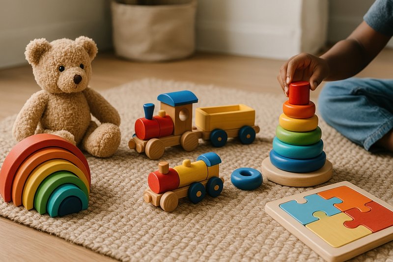 Colorful wooden toys on carpet.
