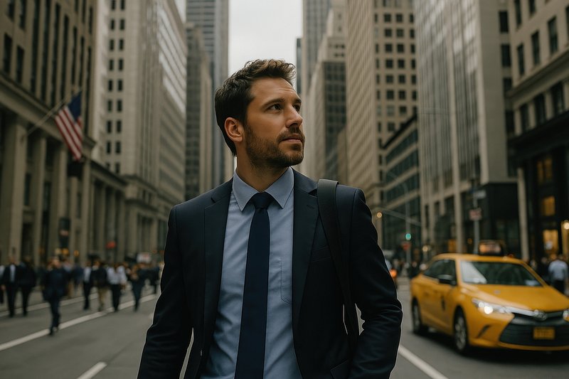 Businessman walking busy city street.