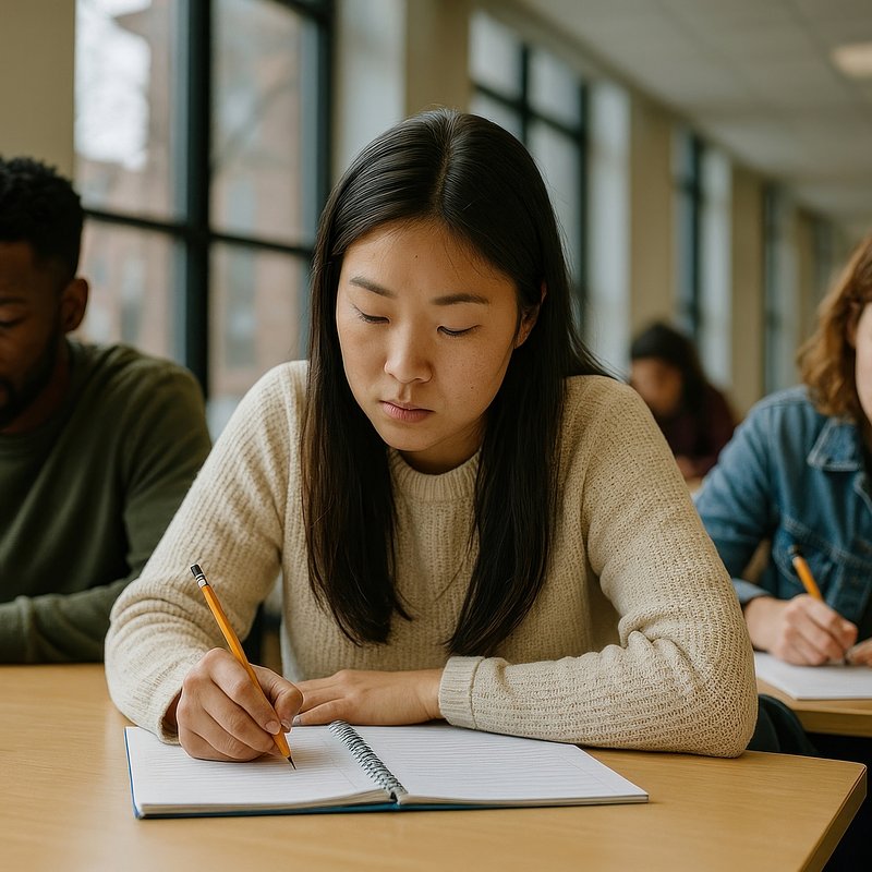 Focused student writing notes.
