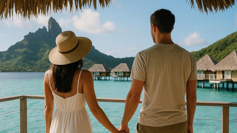 Couple enjoying tropical paradise view.