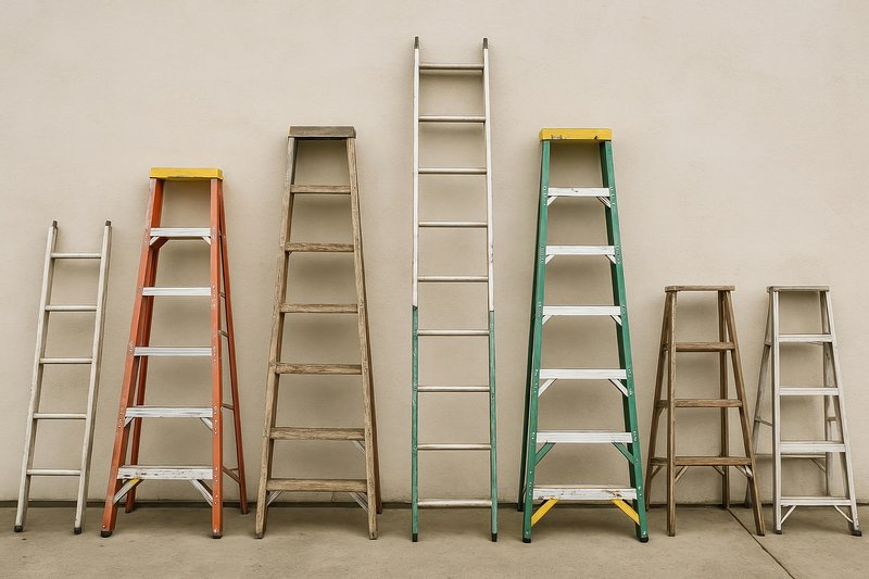 Diverse ladders against wall.