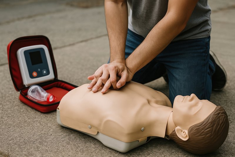 CPR training with mannequin outdoors.
