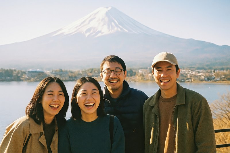 Friends smiling near mountain