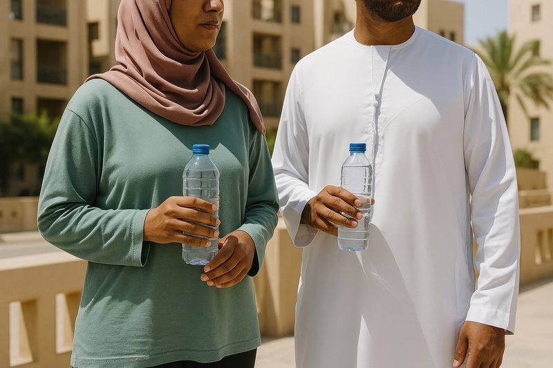 Couple holding water bottles outdoors.