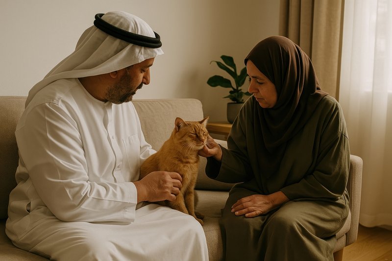 Couple petting cat indoors.
