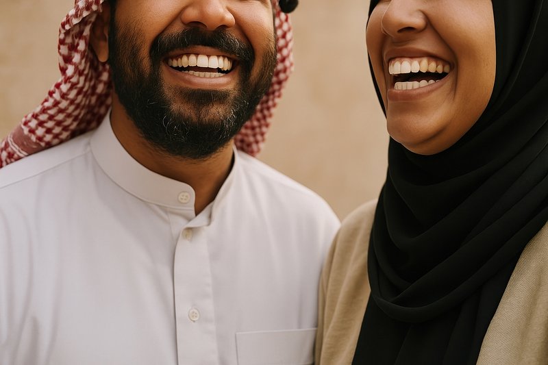 Joyful Middle Eastern couple smiling.