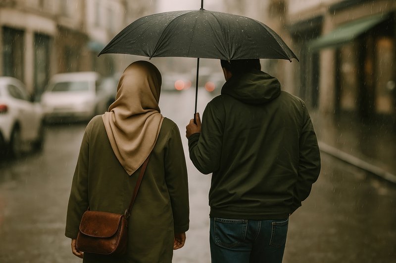 Couple walking under umbrella.