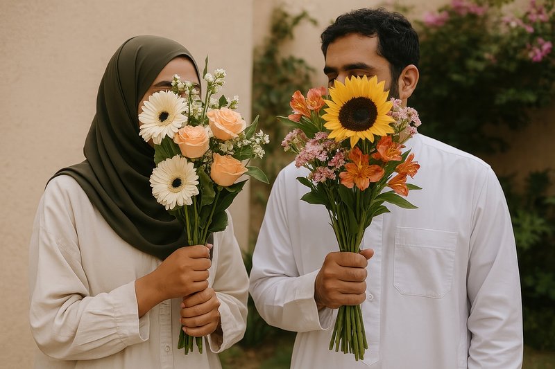 Couple hiding behind flowers.
