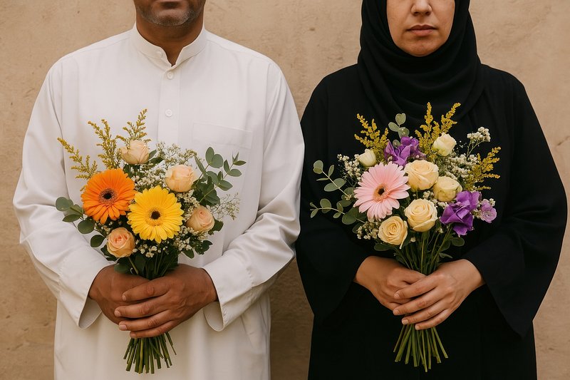 Couple holding colorful bouquets