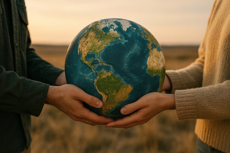 Hands holding Earth globe together.