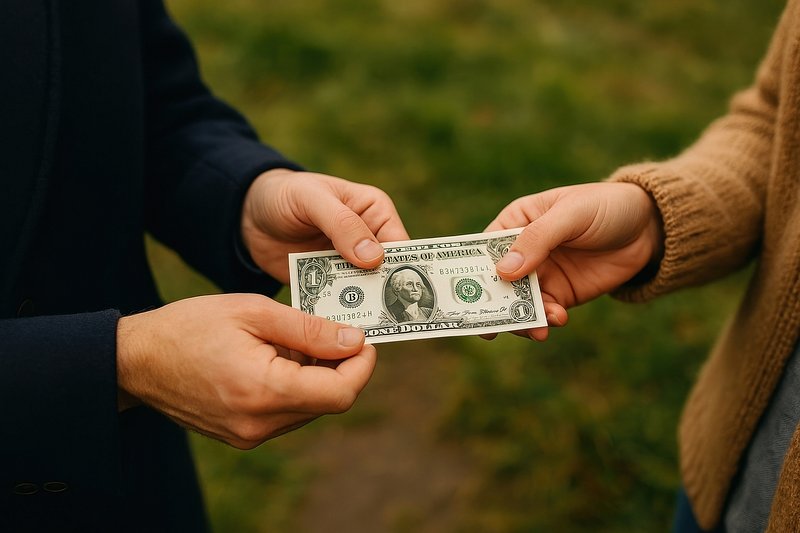 Hands exchanging dollar bill outdoors.