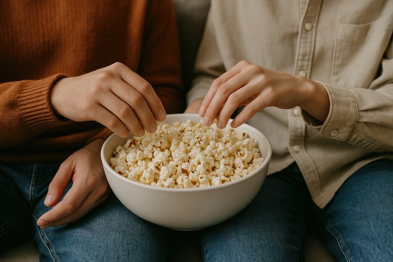 Hands sharing popcorn bowl.