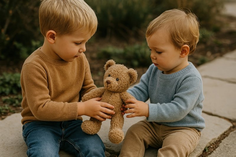 Children sharing teddy bear outdoors.