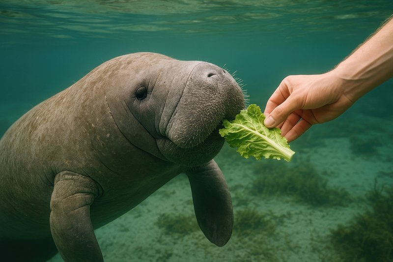 Manatee eating lettuce underwater.