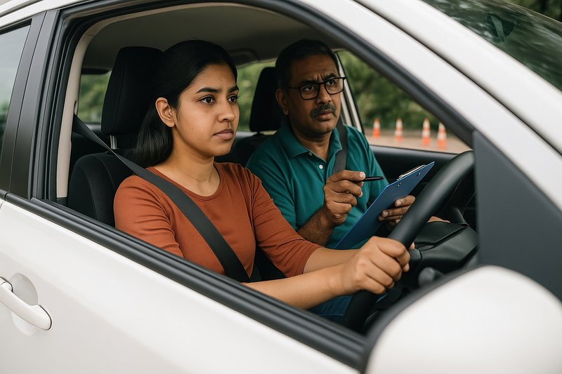 Driving lesson with focused instructor.