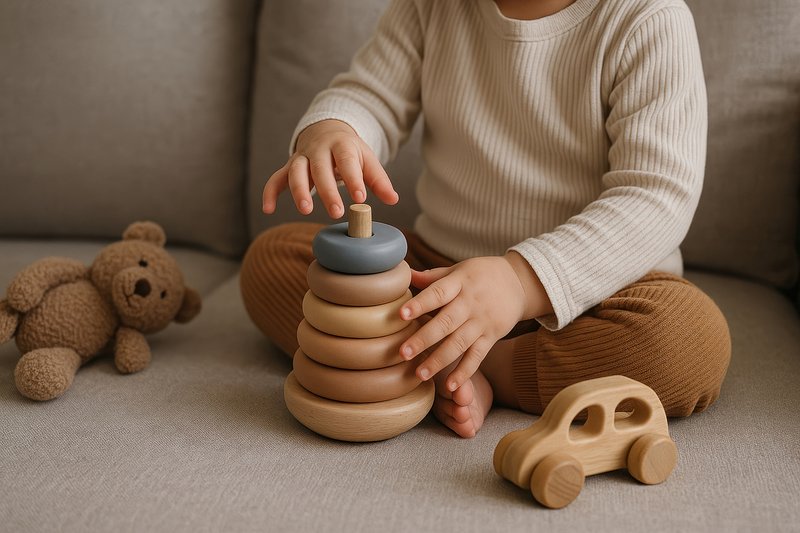 Child playing with wooden toys.